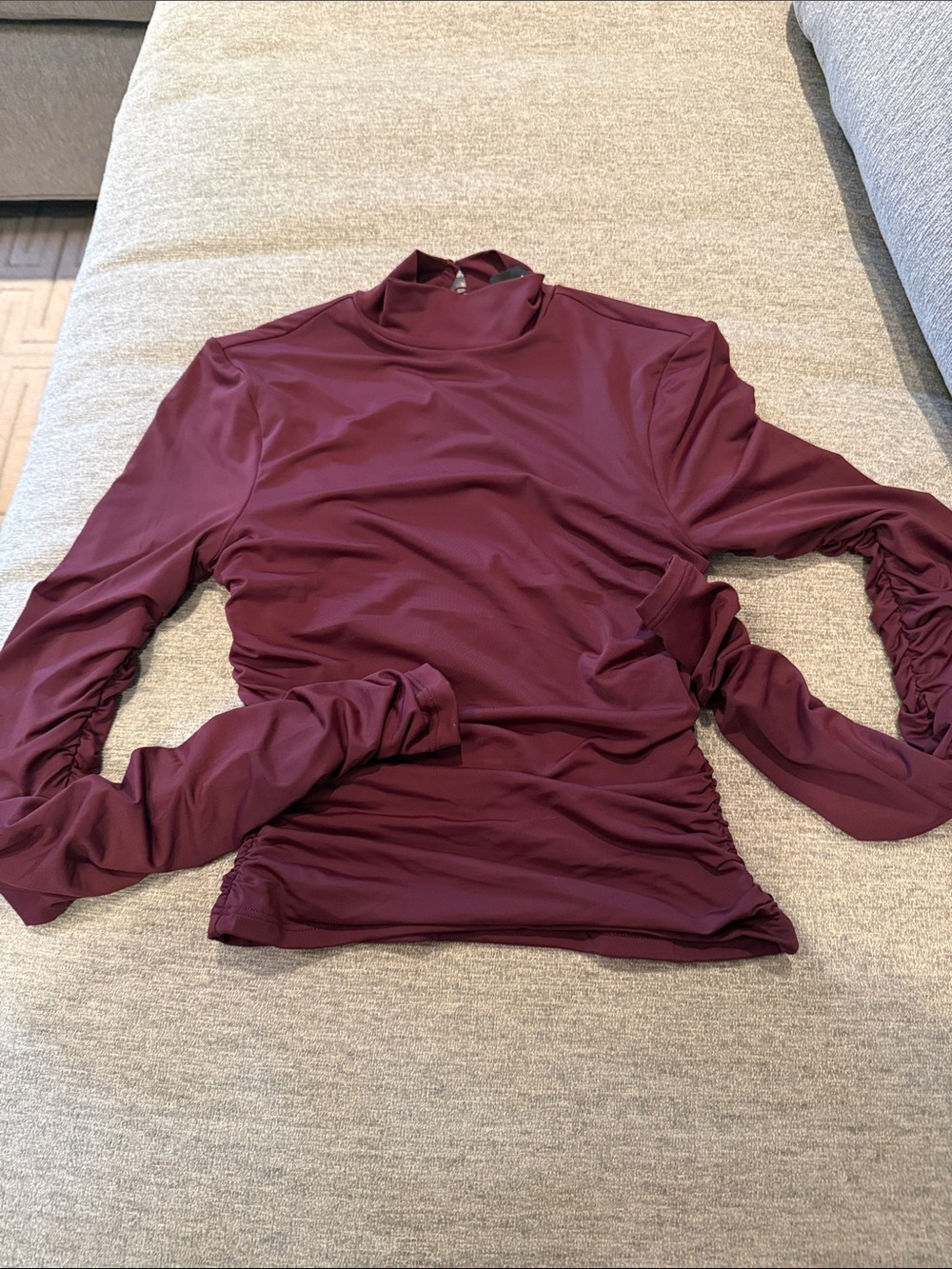 SER.O.YA Mock Neck Ruched Long Sleeve Top in Burgundy